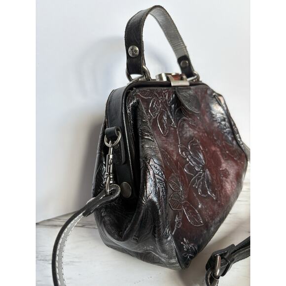 Gracchi Metallic Embossed Leather Satchel, Black Silver, Artsy Boho Doctor Bag - Picture 4 of 13